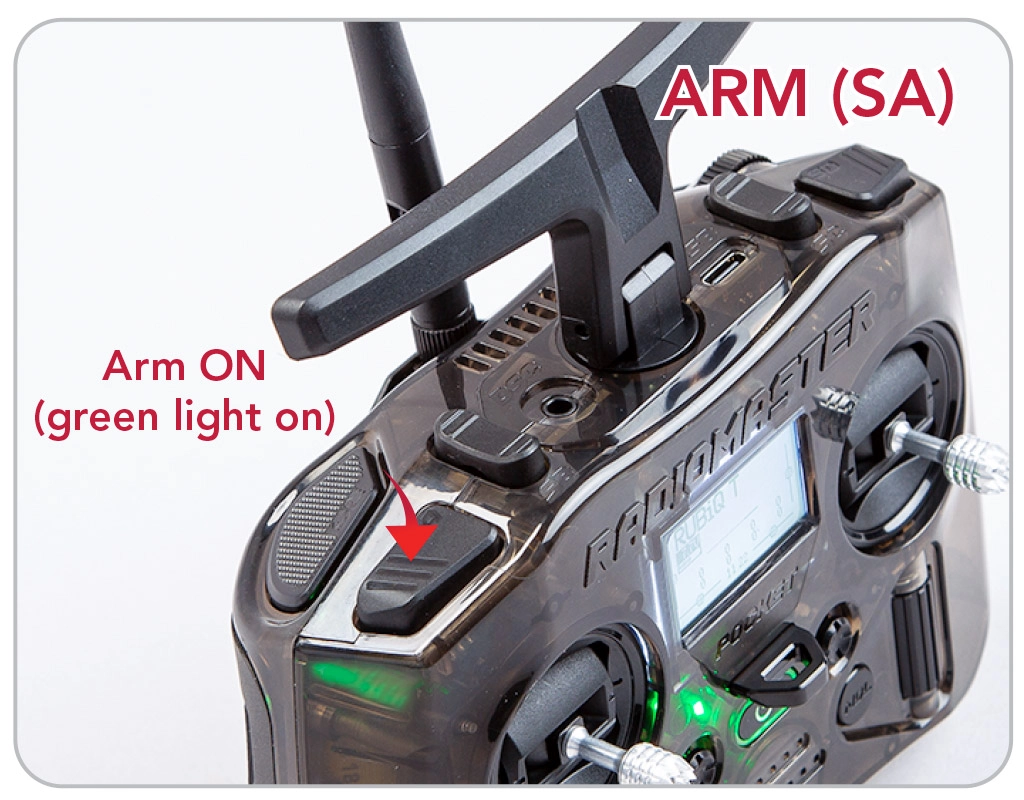 Radiomaster Pocket-Arm-SA-Closeup Arm ON (green light on) with the SA left bumper
