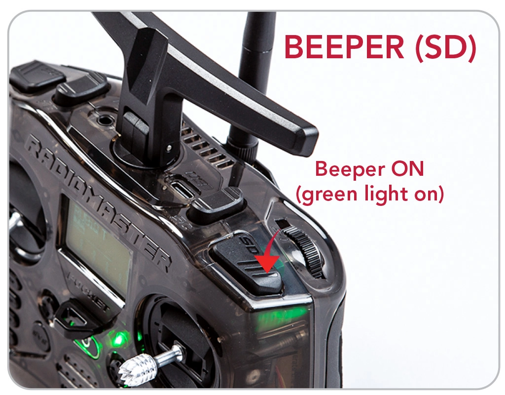 Radiomaster Pocket-SD-Beeper-Closeup SD right bumper turns the Beeper and a green light on